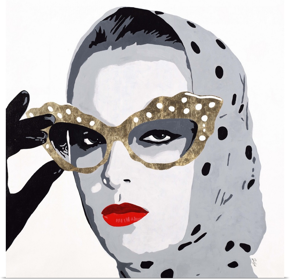 Contemporary painting of a close-up of a woman wearing a gray polka dotted headscarf and large cat eye sunglasses.