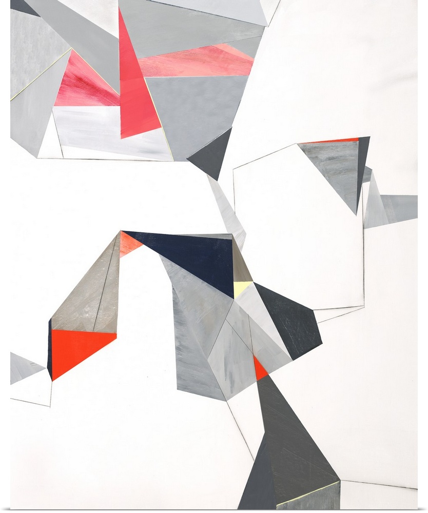 Geometric abstract painting with triangular shapes creating lines and movement throughout.