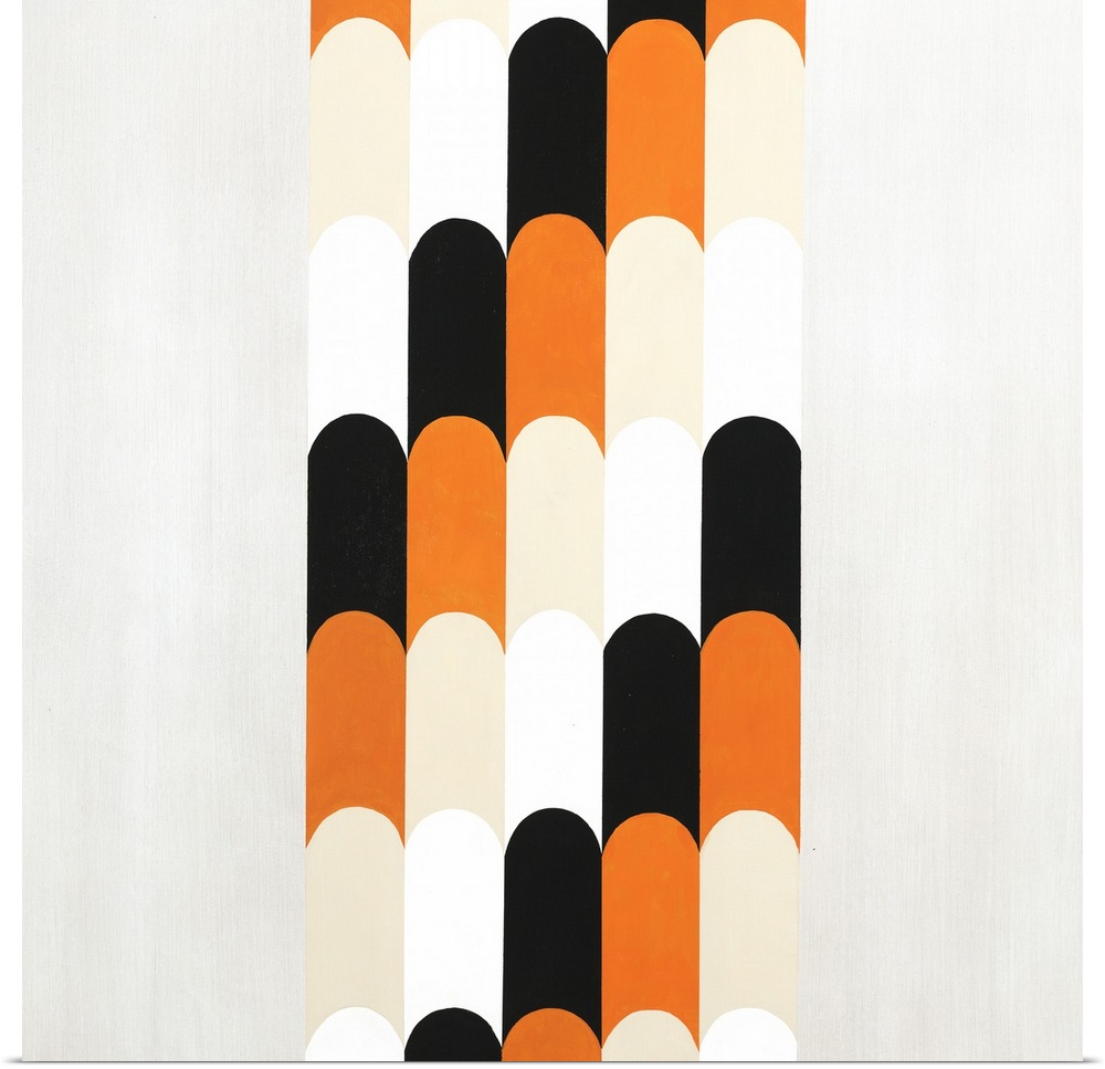 Abstract art created with tan, white, black, and orange long rounded shapes stacked together in rows on a neutral colored ...