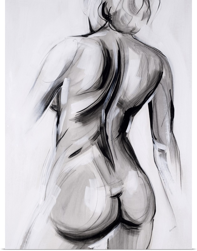 Contemporary figurative abstract with a woman's back and bottom in shades of gray, black, and white.