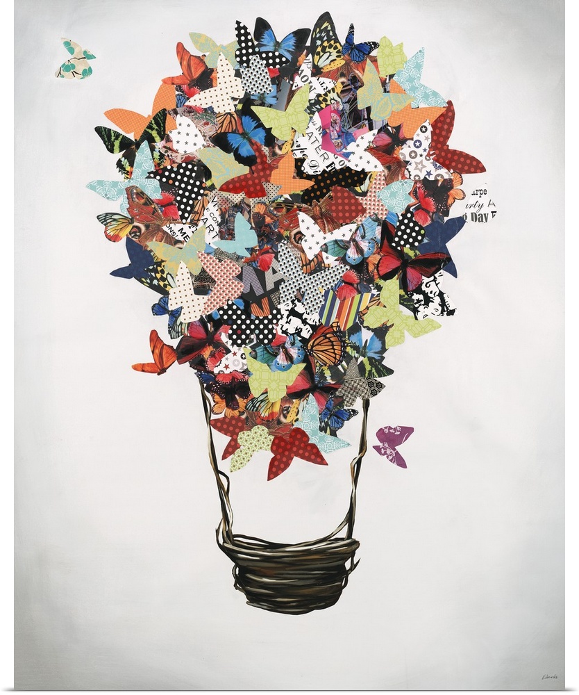 Mixed media artwork with cut out butterflies in various colors and patterns creating the top of a light bulb on a white an...