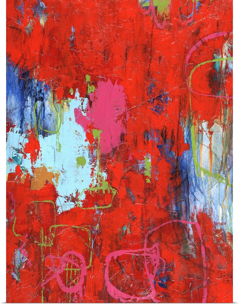 Large abstract painting with bright red hues with pink and green lines on top and shades of blue in the background.