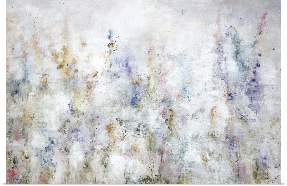 An faded abstract landscape of a field of colorful wild flowers.
