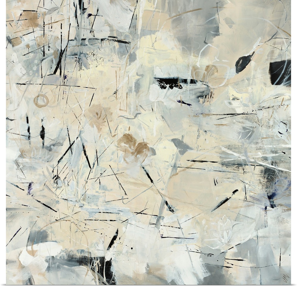 Contemporary abstract painting with quick, short lines and grey tones, calling to mind a feeling of searching.