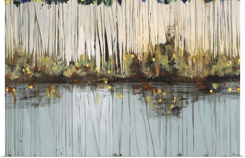 Artwork of a calm pond surrounded by tall reeds and fireflies.