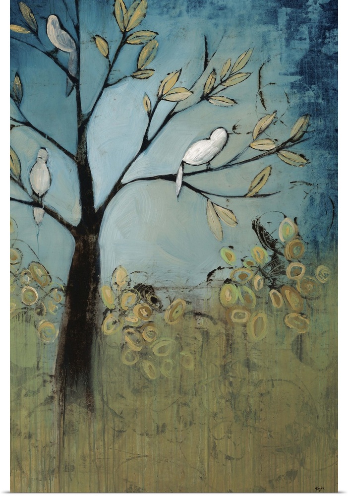 Contemporary painting of several birds perched in a tree, surrounded by a lush, green landscape and vibrant blue sky.