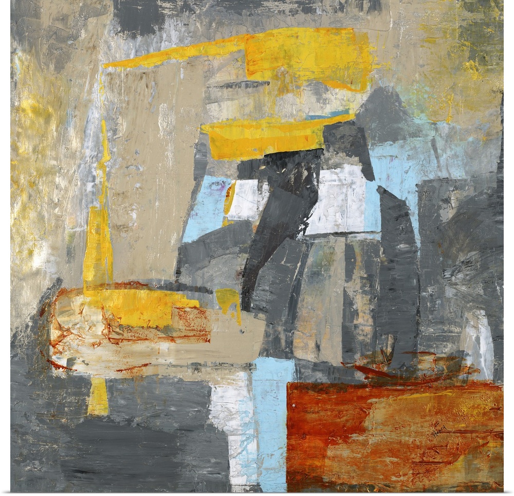 Contemporary abstract artwork in grey and blue with pops of bright yellow.