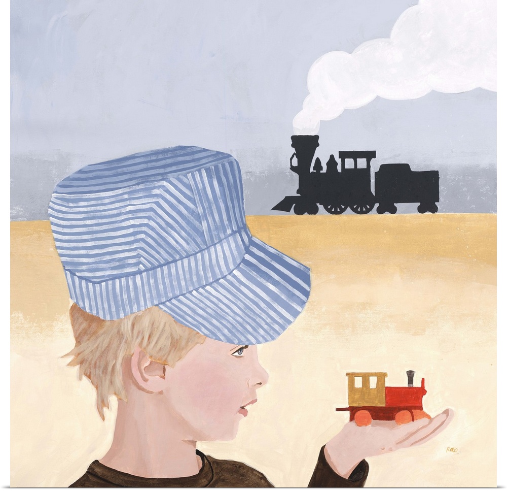 Contemporary painting of a young boy holding a toy train, with another train in the distance.