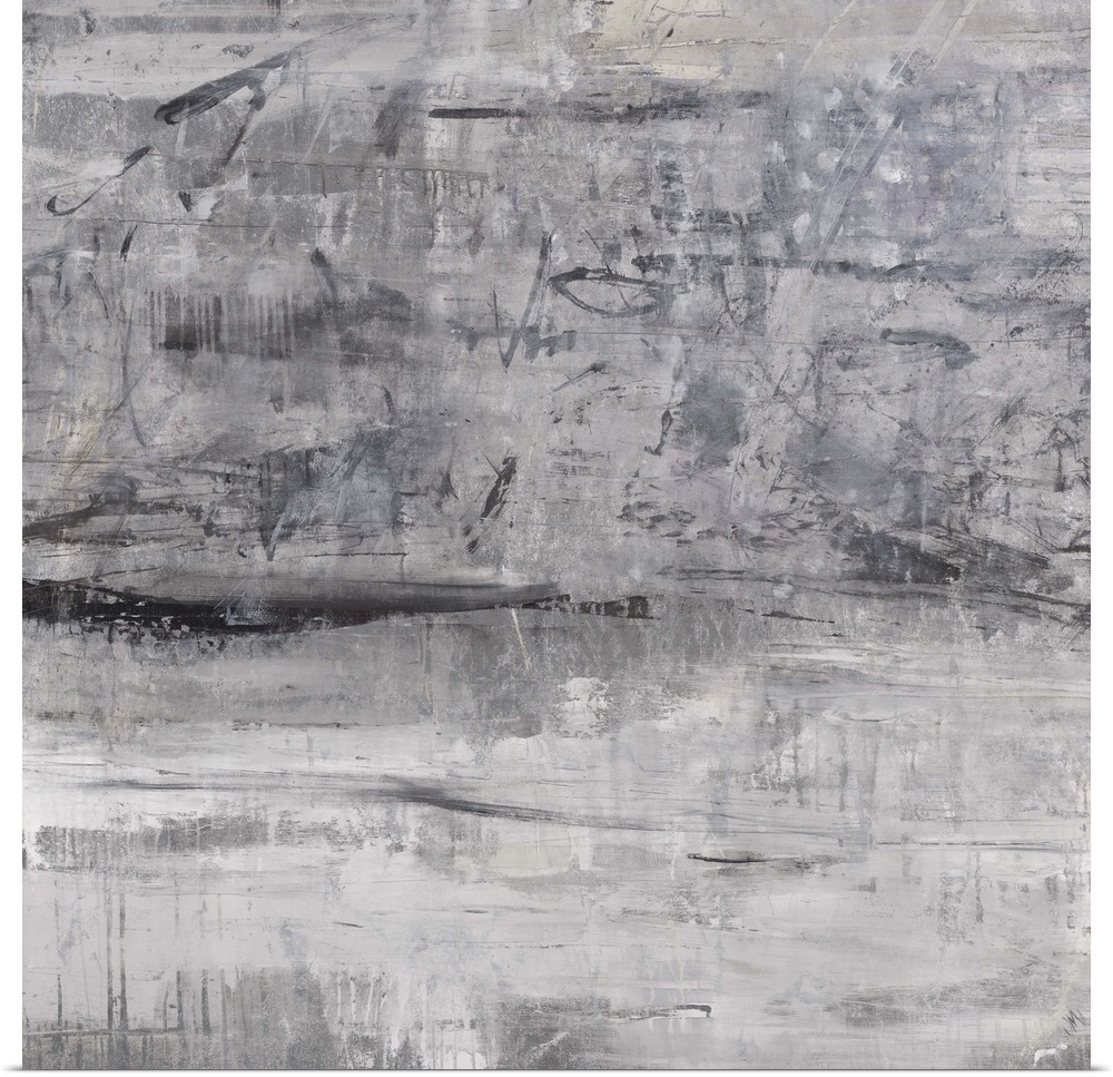 Contemporary artwork in grey tones with a heavily weathered effect.