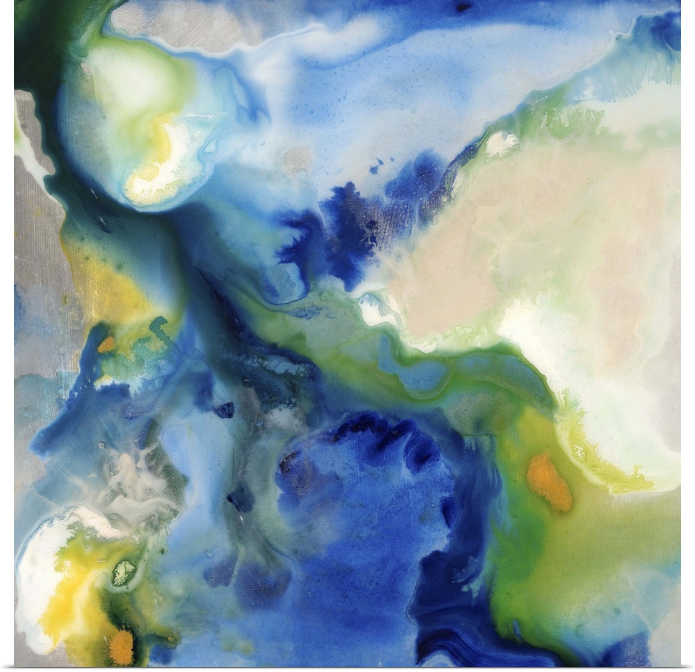 Contemporary abstract painting of saturated blue and green tones in a swirling motion.