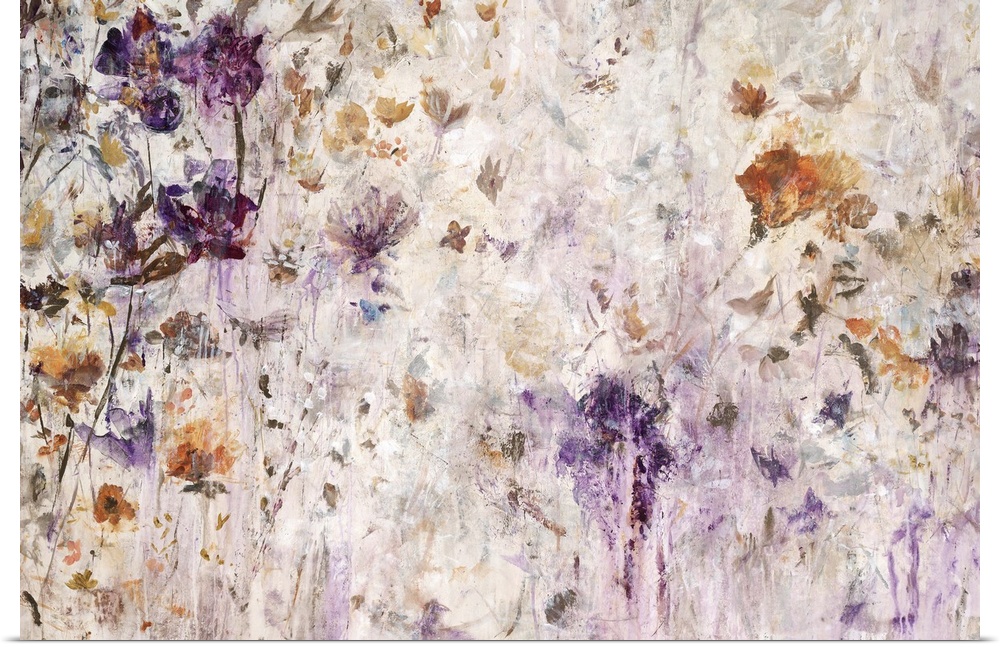 Semi-abstract artwork of a garden of bright gold and lavender flowers.