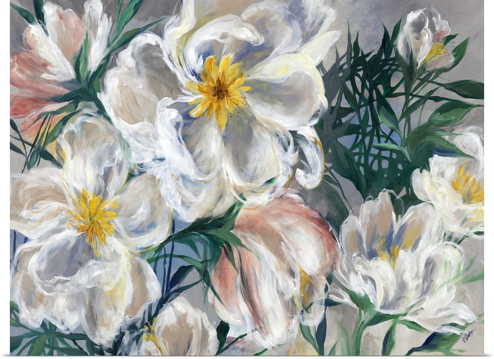 Contemporary painting of a bouquet of white and pink flowers.