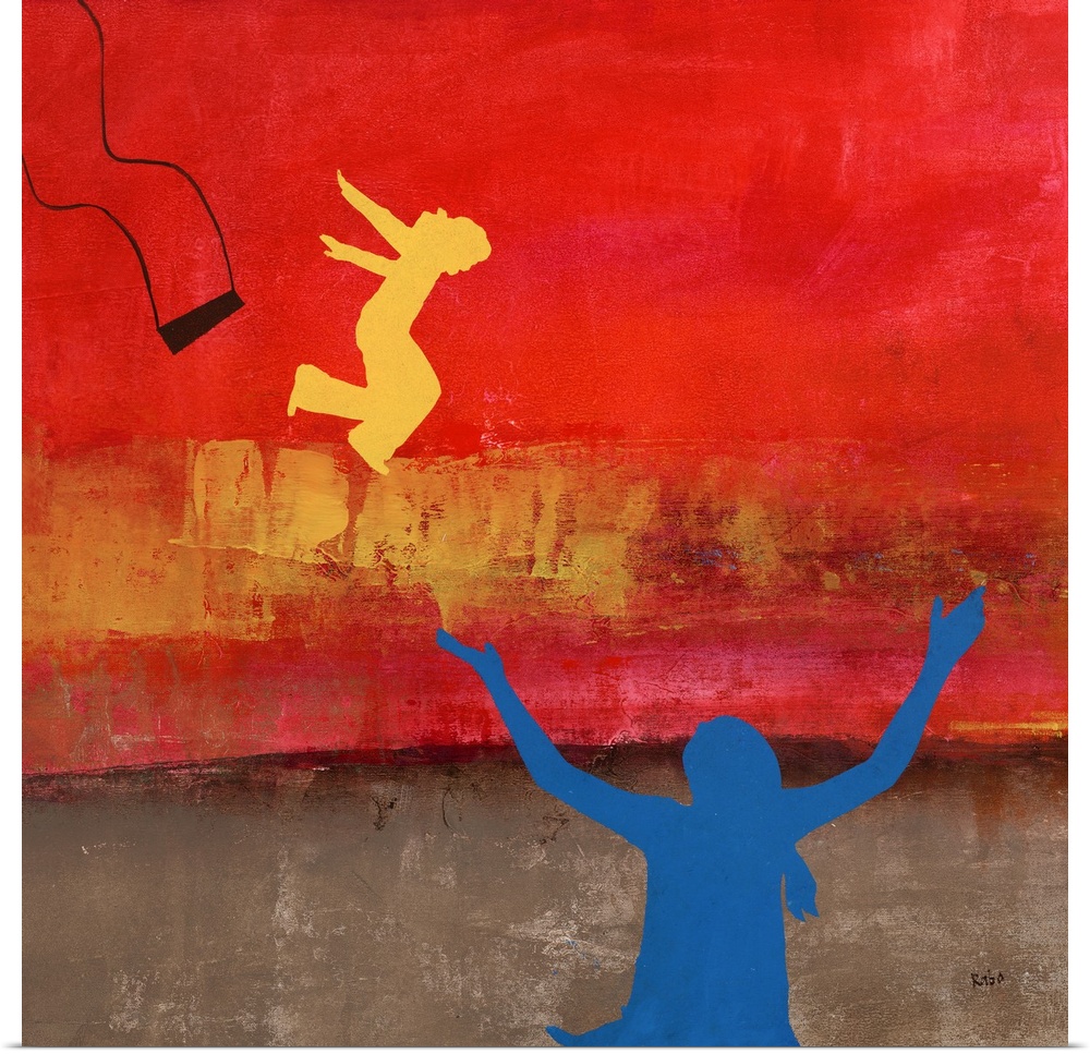 Painting of a blue silhouetted figure with arms raised as a yellow figure jumps off a swing.