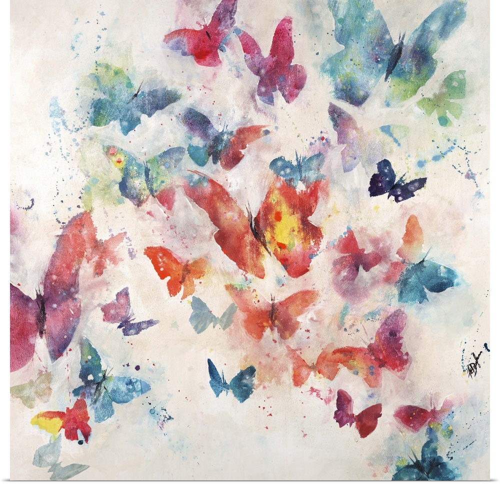 Contemporary painting of a cluster of butterflies in various sizes and colors, on a light neutral background.