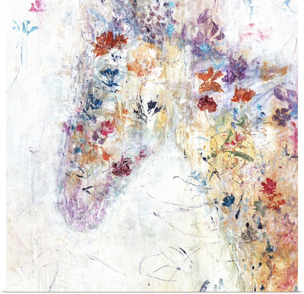 Square abstract painting of a colorful horse with spring flowers on top.