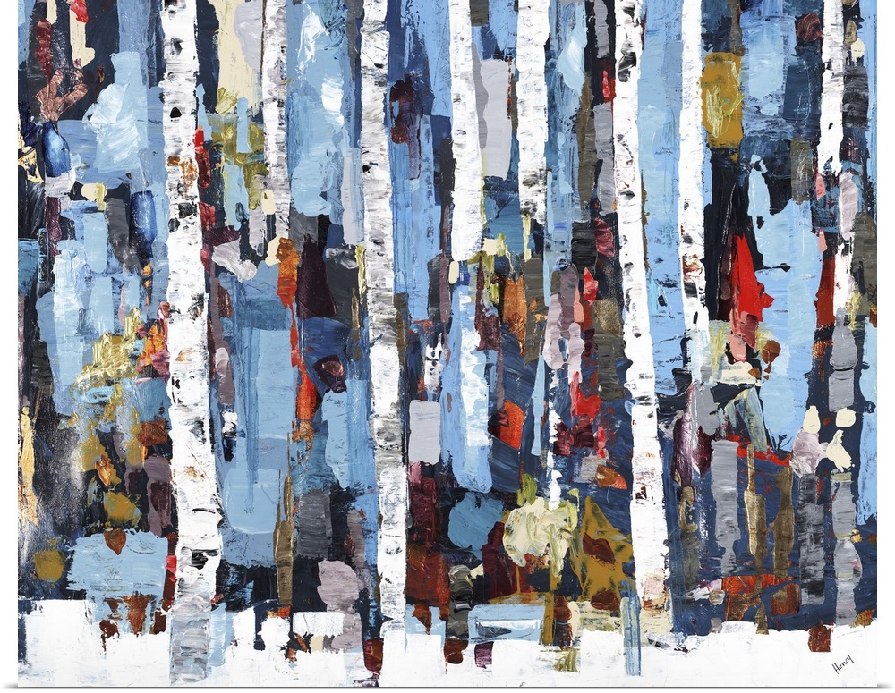 Colorful abstract painting of tall white tree trunks on a snow covered ground with vertical strokes of color in the backgr...
