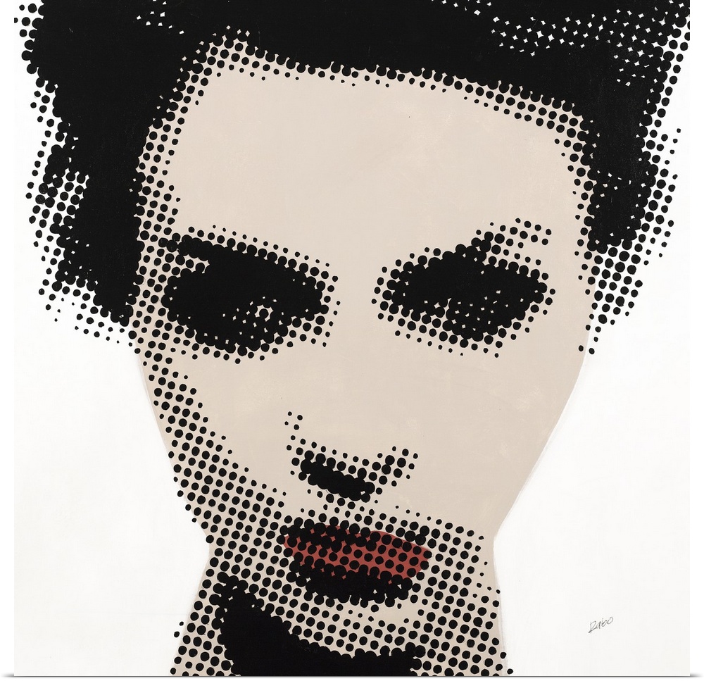 Square illustration of a woman's face created with black dots over beige and red paint on a white background.