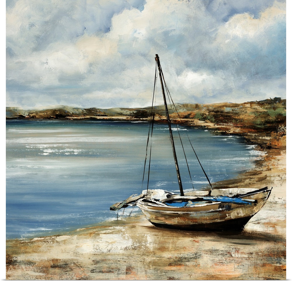 Square painting of a sailboat sitting on the shore with water near it.