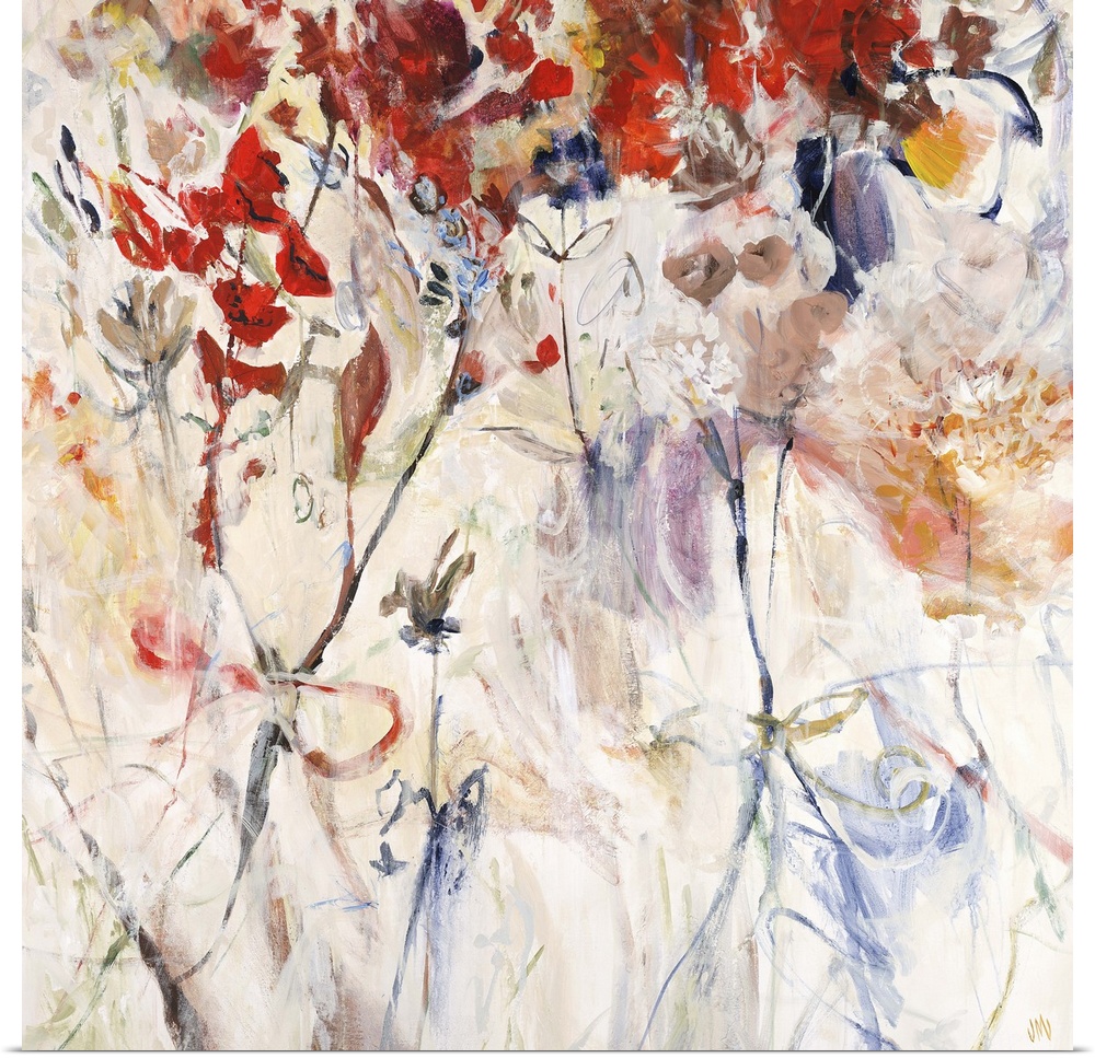 Contemporary painting of various florals and stems in many colors, scattered onto a light earthy background.