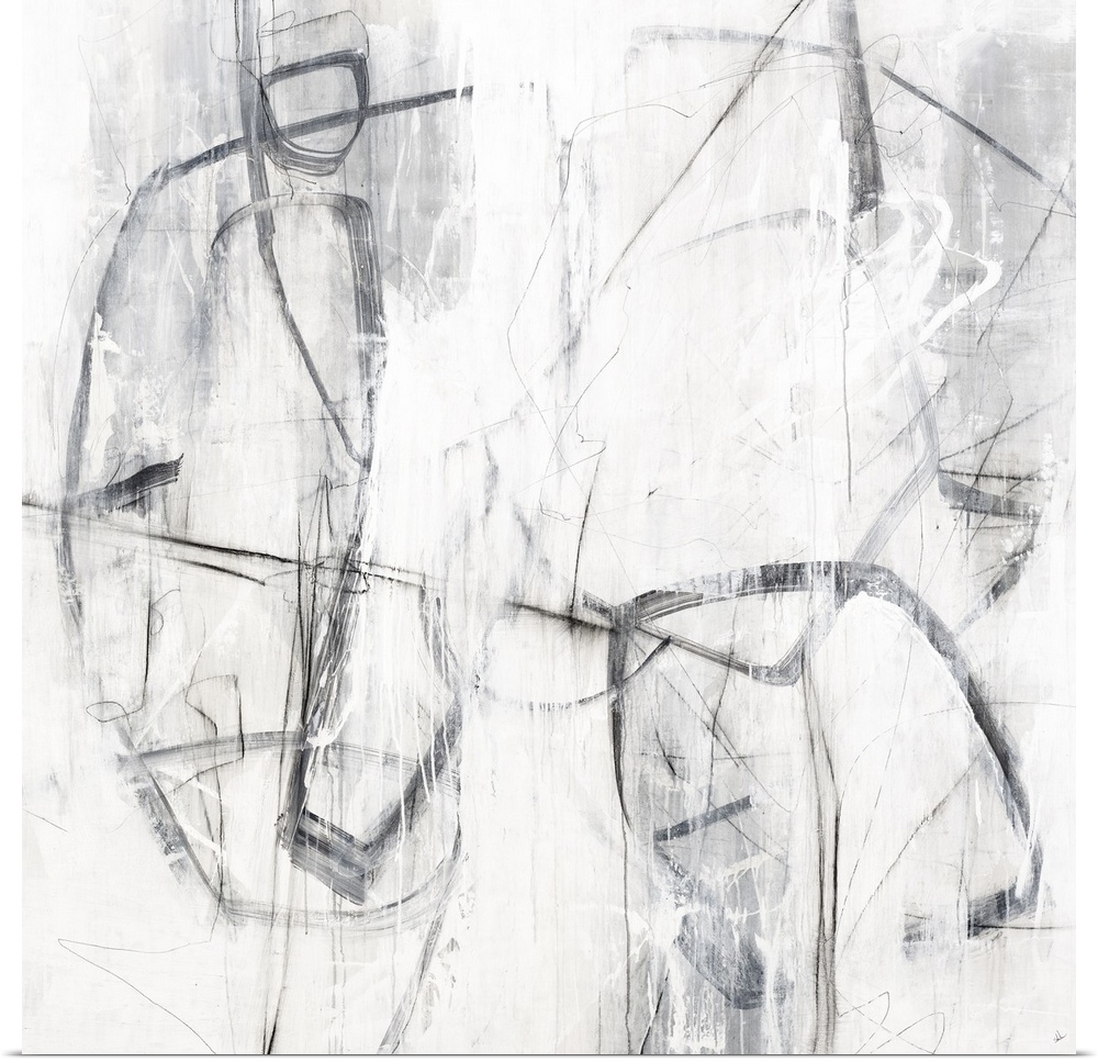 Square painting with abstract figures created with loose lines in shades of gray and white.