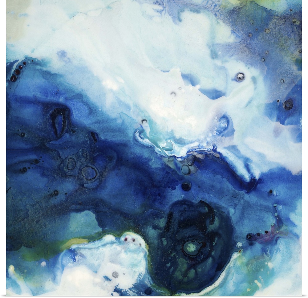 Abstract art of a large swirling mass in cool tones that creates a feeling of colored sand moving and separating in water.