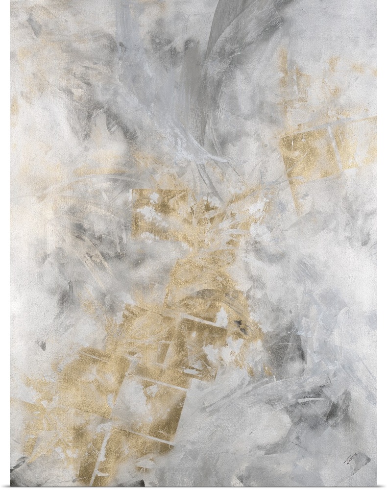 Abstract painting of a textured design in shades of silver and gold.