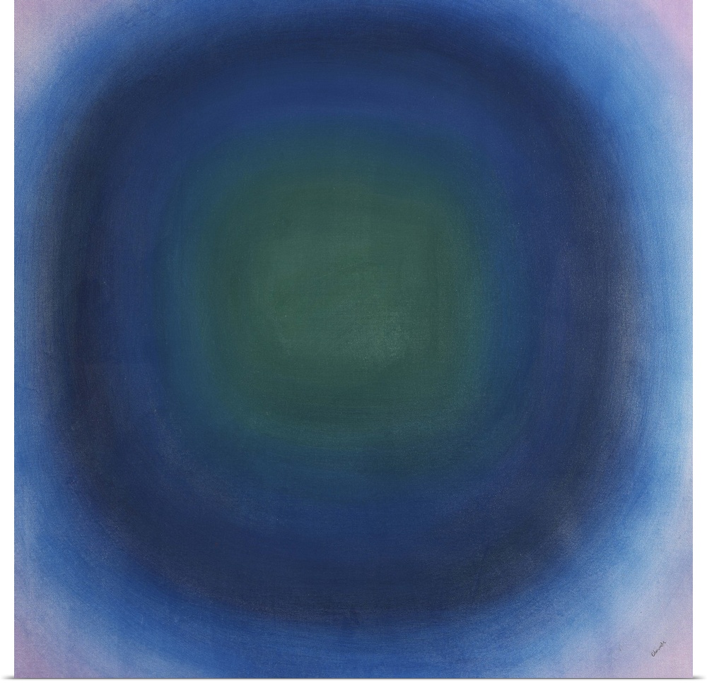 Contemporary abstract painting of concentric circles in purple, green and blue.