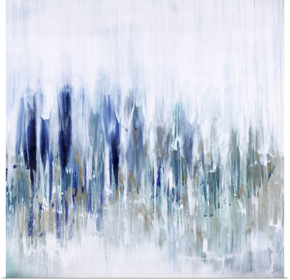 Contemporary painting of shades of blue in a vertical striped design.