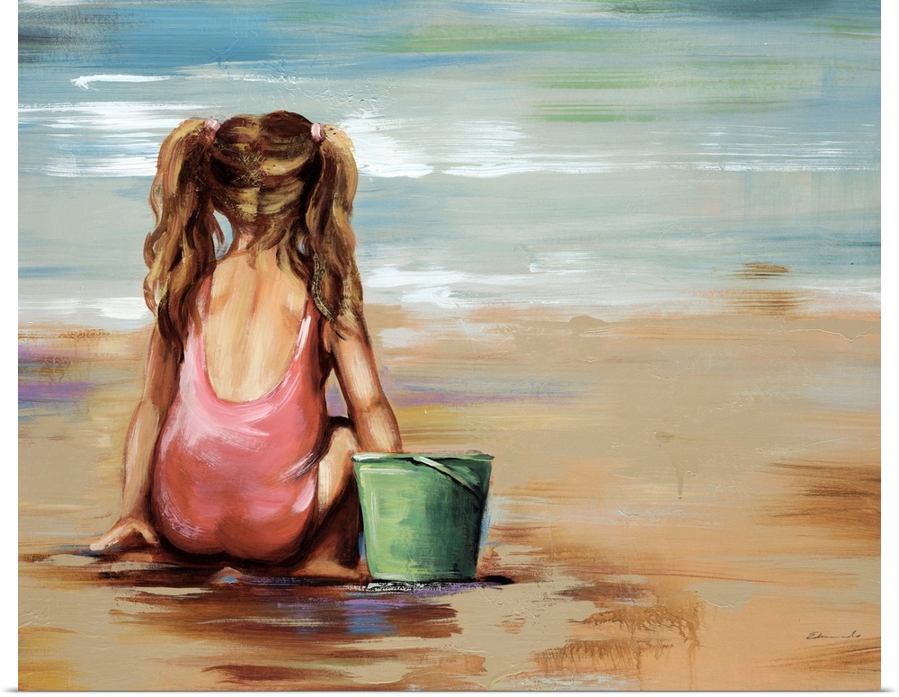 Large, landscape figurative painting of a girl sitting on the beach, facing the water, in her swimsuit with pigtails in he...