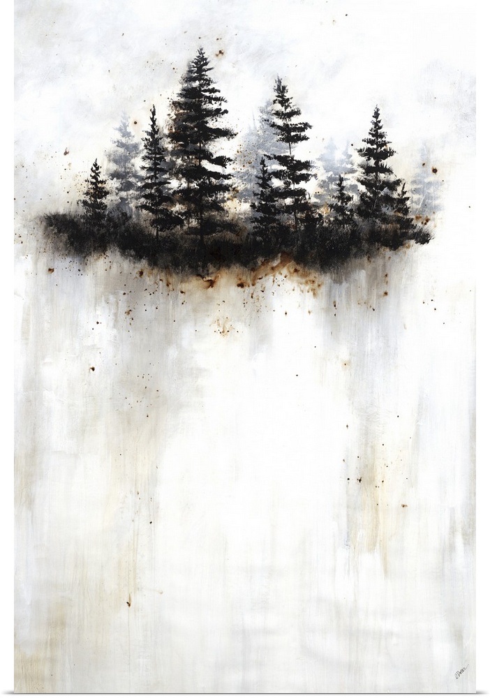 A vertical contemporary painting of a group of trees appearing to break through a white flog.