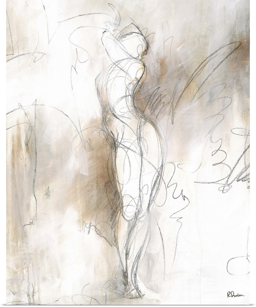 Contemporary abstract painting using neutral tones surrounding a sketch lined female form.