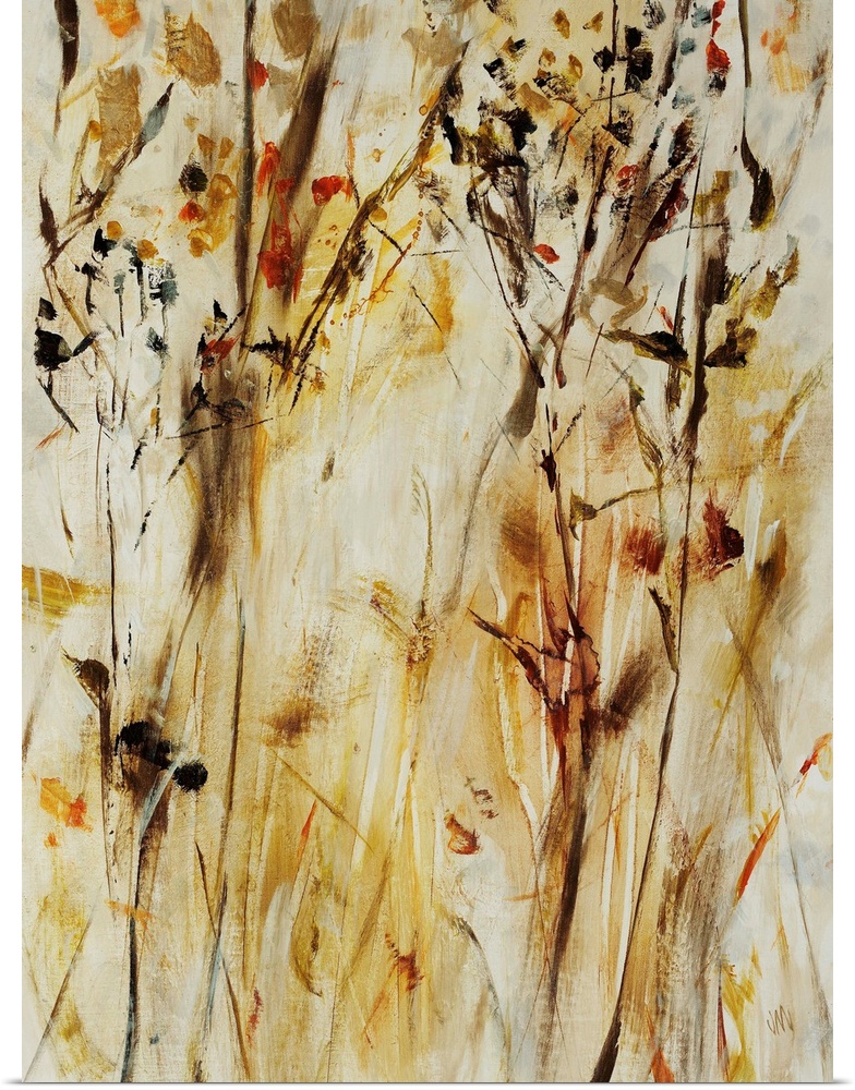 Contemporary painting of warm, golden flowers and leaves on long branches that extend vertically on a vertically streaked ...