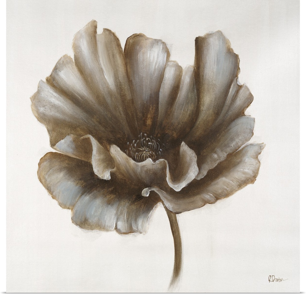 A contemporary painting of a brown toned flower against a solid neutral background.