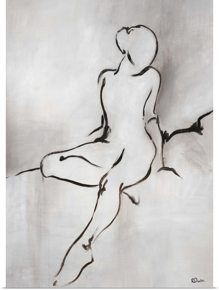 Figurative art in neutral tones of the outline of a woman sitting on a soft surface with one leg tucked under her other, a...