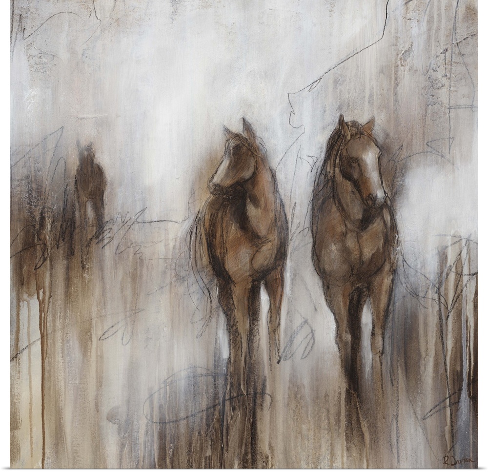 Artwork of three horses grazing together in a field of brown on an early foggy morning.