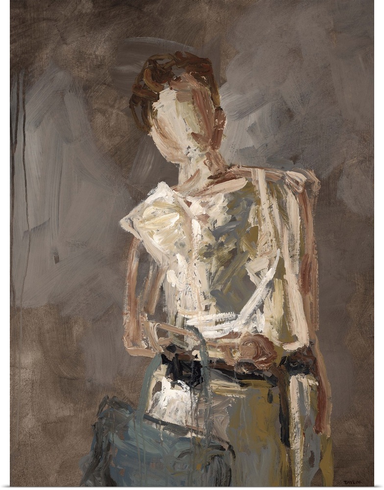 Figurative art of a human form holding two bags, painted with thick, harsh brushstrokes, on a dark, neutral background.