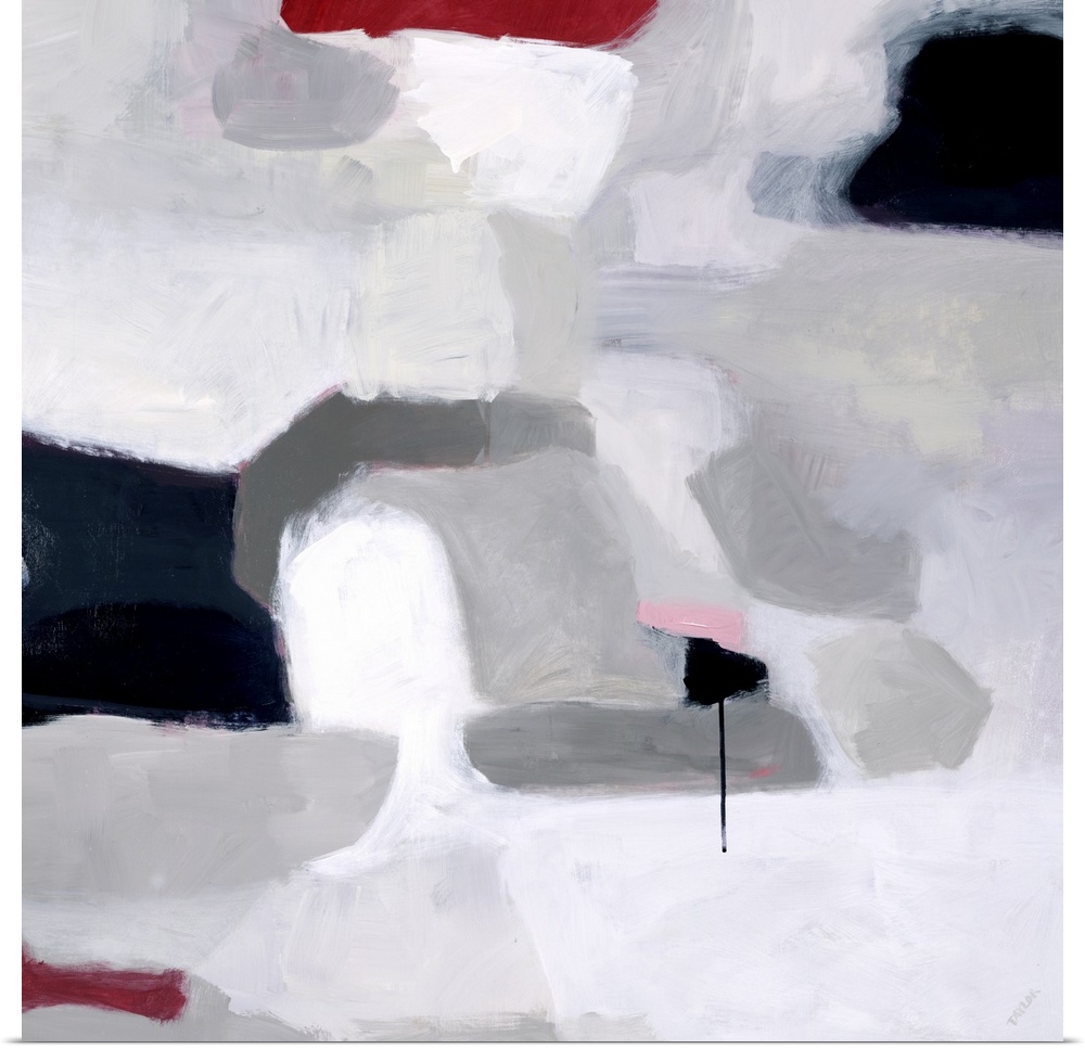 Abstract square painting of shades of gray with accent colors of red and black.