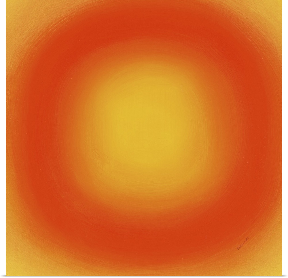 A contemporary abstract painting of an orange circle with gradating green circles moving concentrically outward.