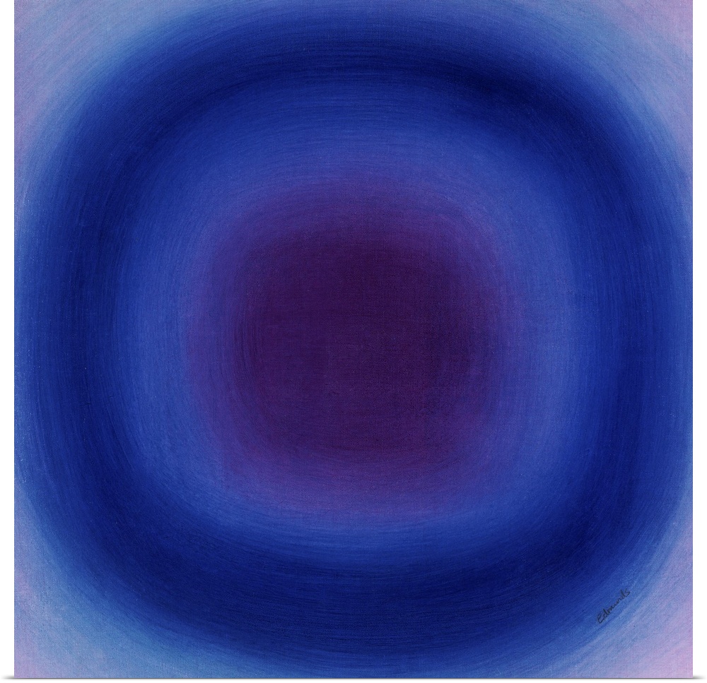 A contemporary abstract painting of a blue circle with gradating green circles moving concentrically outward.
