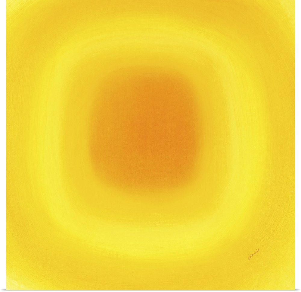 A contemporary abstract painting of a yellow circle with gradating green circles moving concentrically outward.
