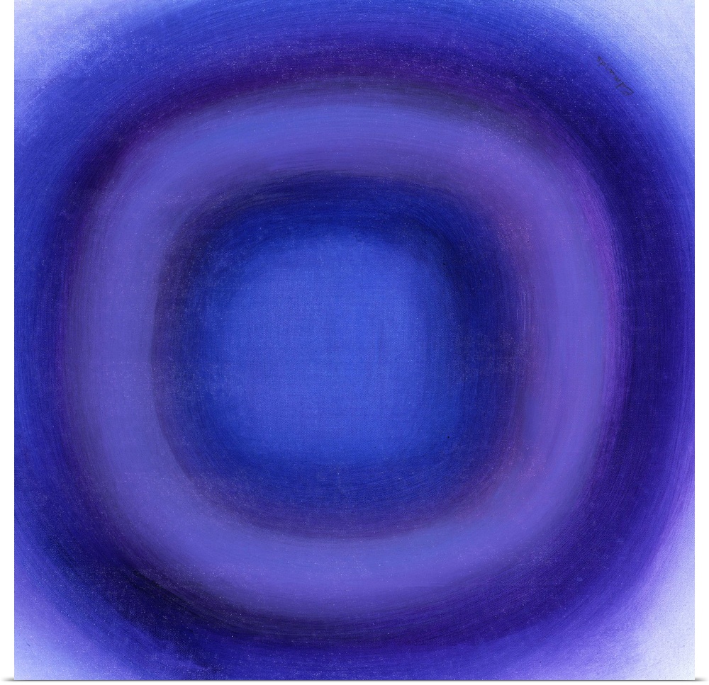 A contemporary abstract painting of a purple circle with gradating green circles moving concentrically outward.