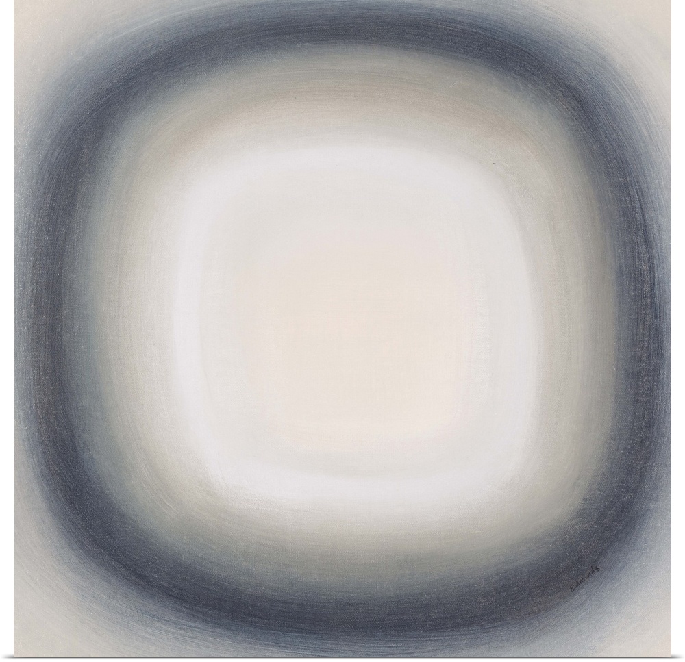 A contemporary abstract painting of a gray circle with gradating green circles moving concentrically outward.