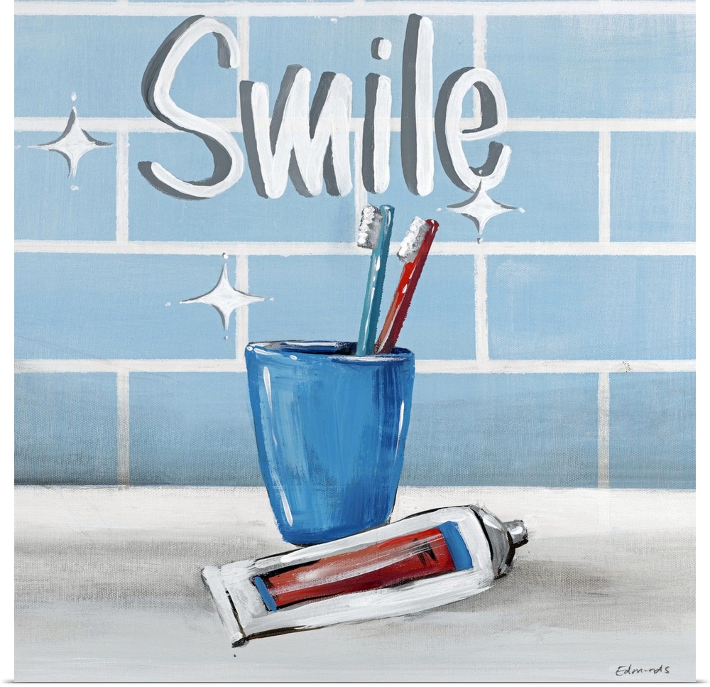Contemporary painting of a blue cup holding toothbrushes, with a tube of toothpaste in front.