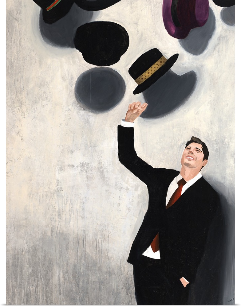 Contemporary painting of a man in a suit tossing a hat into the air along with many others hats.