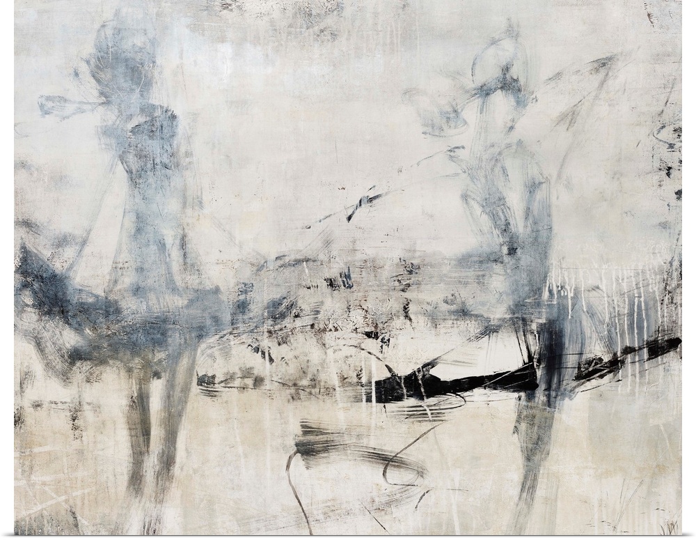 Abstract contemporary painting depicting two faded woman with short skirts walking on a textured and splotchy background.