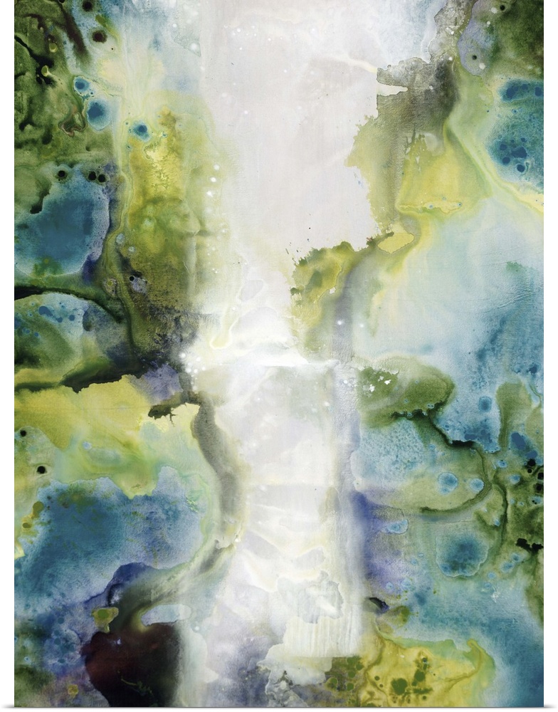 Contemporary abstract painting using muted green and blue tones resembling smoke against a neutral background.