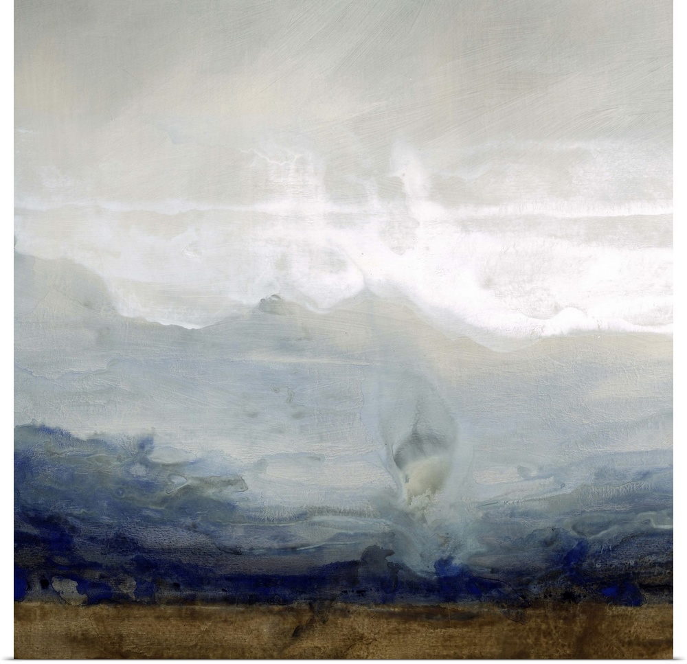 Contemporary painting of a misty landscape with shapes of mountains in the distance.