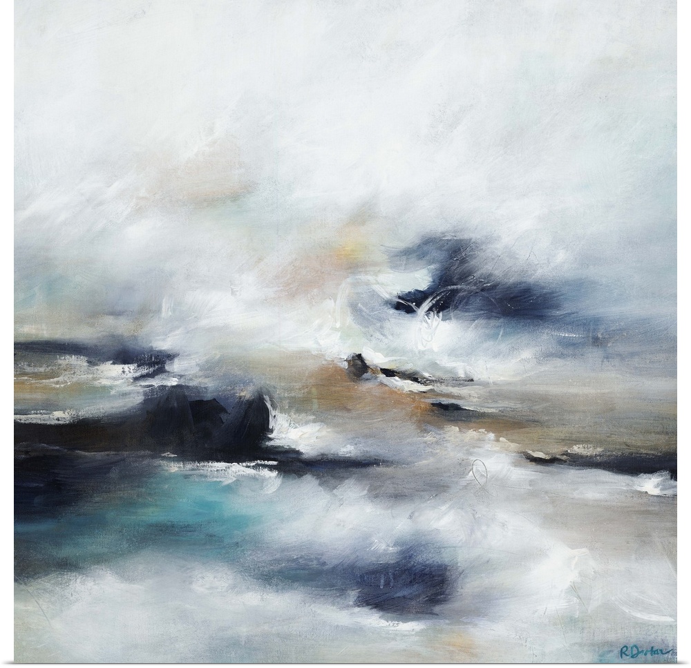 Abstract painting of waves crashing into a rocky shoreline at high tide, beneath a light cloudy sky.