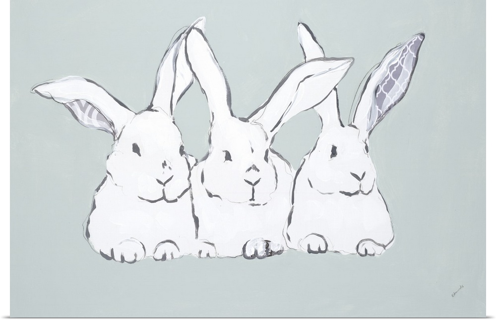 A group of three white rabbits sitting side by side, with their ears up at alert.