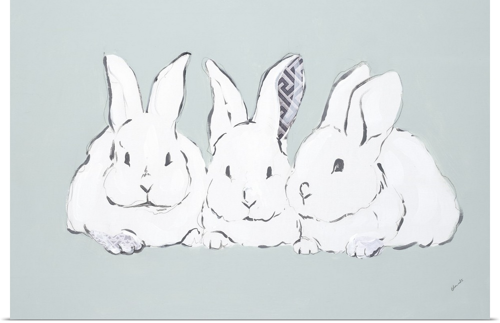 A group of three white rabbits sitting side by side.